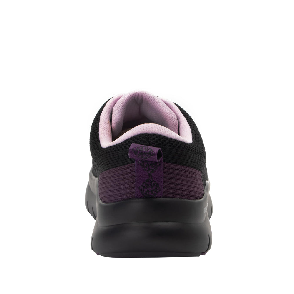 Alegria Rok N Roll plum heel view; adjustable lace ensures quick secure fit.