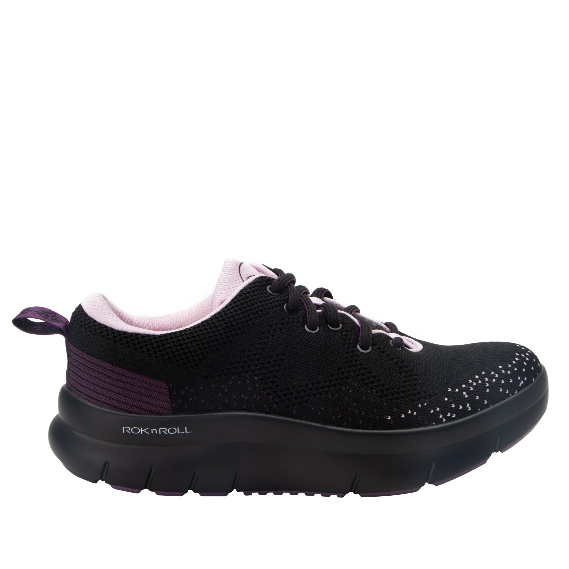 Alegria Rok N Roll plum side view; rocker outsole supports smooth weight transfer.