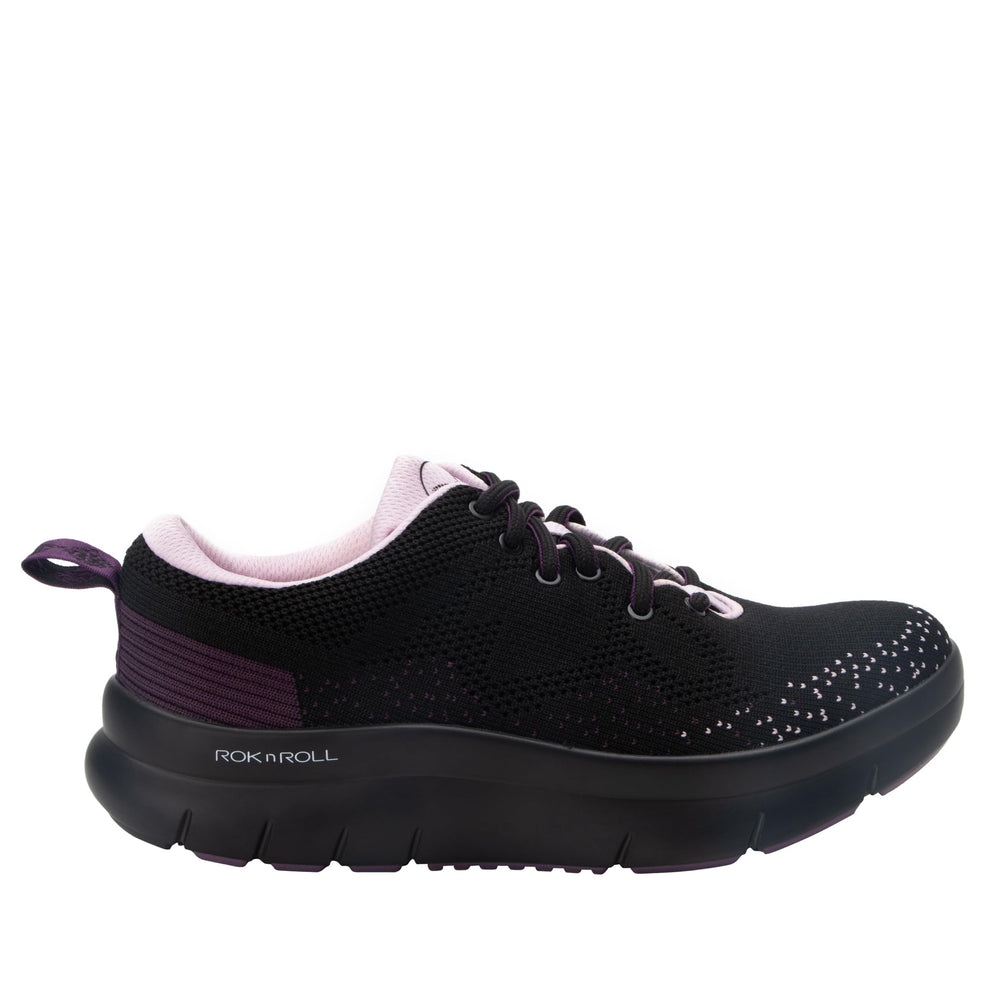 Alegria Rok N Roll plum side view; rocker outsole supports smooth weight transfer.