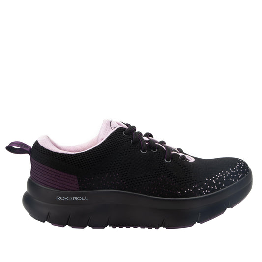 Alegria Rok N Roll plum side view; rocker outsole supports smooth weight transfer.