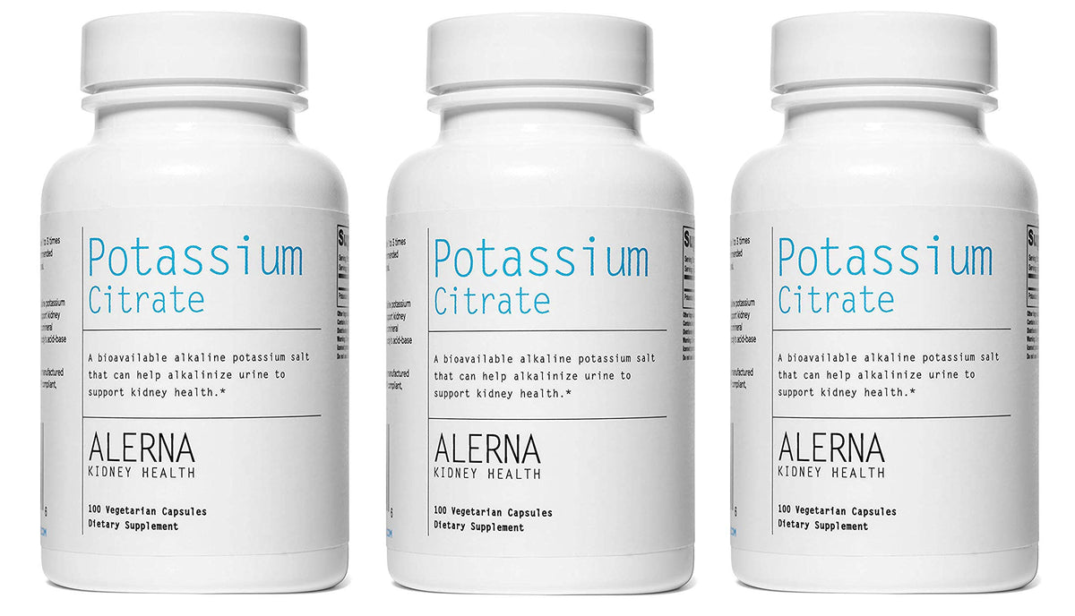 Alerna Kidney Health Potassium Citrate 99 mg bottle front promotes electrolyte balance for daily wellness.