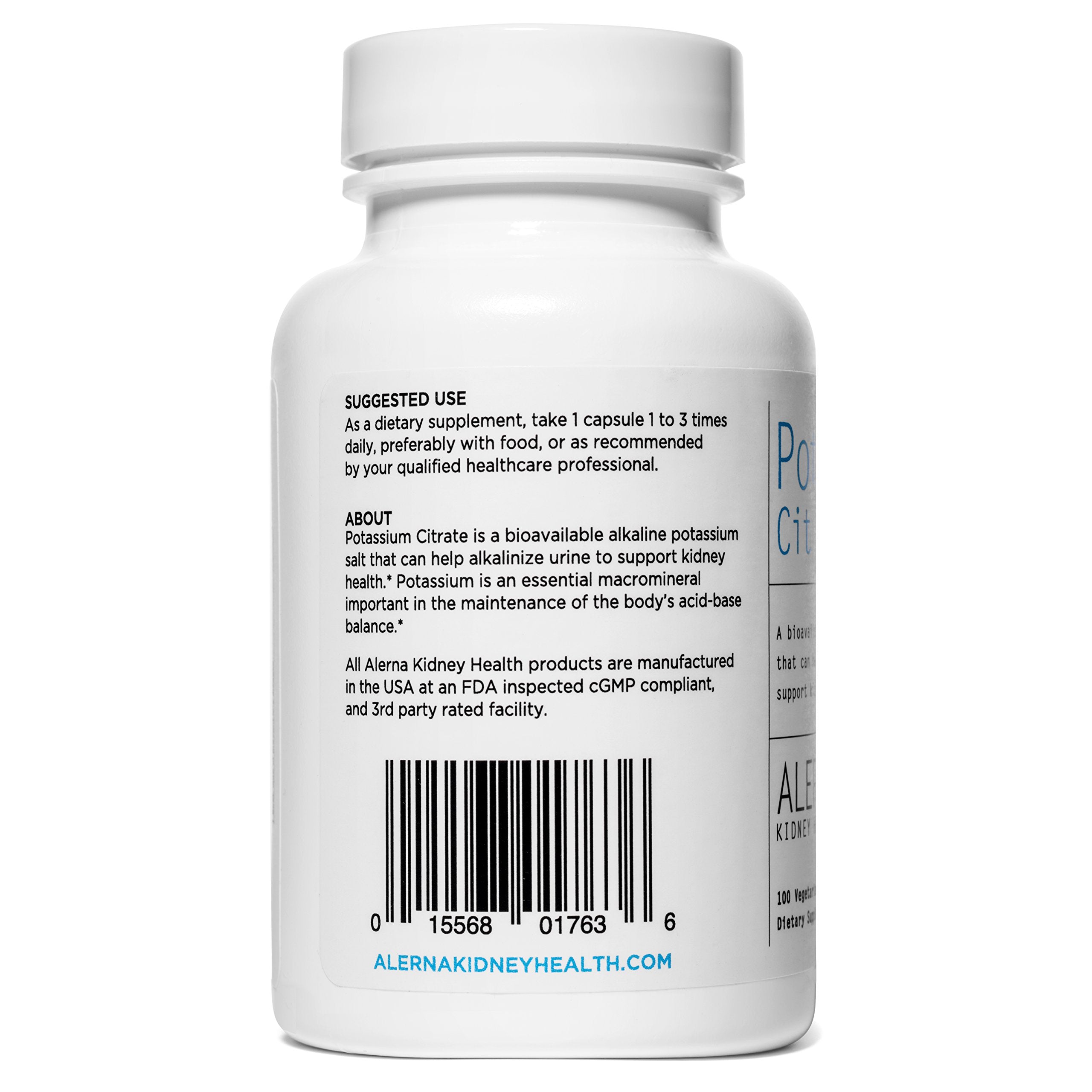 Alerna Kidney Health ingredients panel shows 99 mg potassium citrate per capsule for mineral balance.