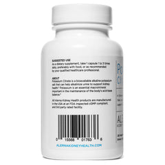 Alerna Kidney Health ingredients panel shows 99 mg potassium citrate per capsule for mineral balance.
