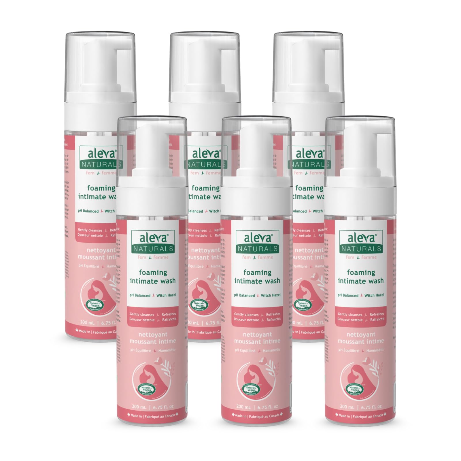 Aleva Naturals Foaming Intimate Wash bottle with pump for gentle daily cleansing.
