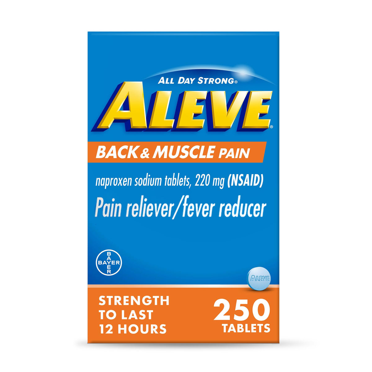 Aleve back and muscle pain relief tablet bottle front showing convenient relief use