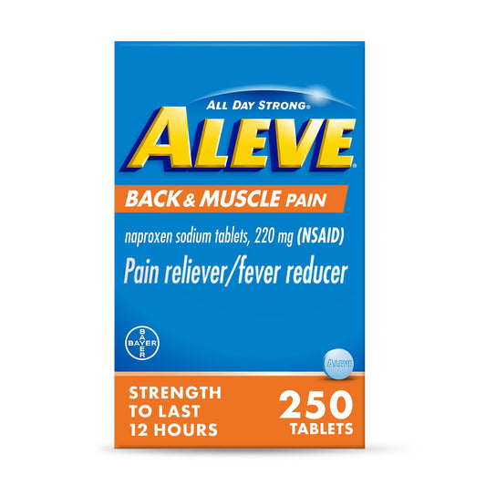 Aleve back and muscle pain relief tablet bottle front showing convenient relief use