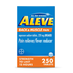 Aleve back and muscle pain relief tablet bottle front showing convenient relief use