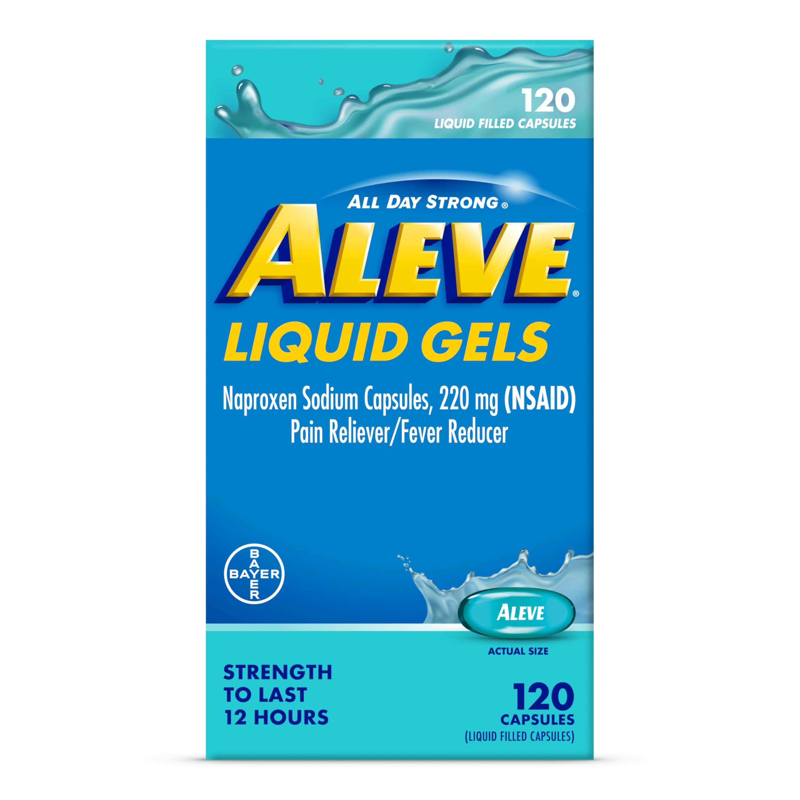 Aleve Liquid Capsules bottle showing 220 mg naproxen for relief