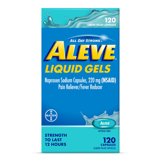 Aleve Liquid Capsules bottle showing 220 mg naproxen for relief