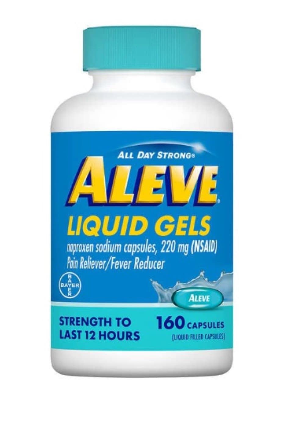 Aleve Liquid Gels bottle with 220 mg naproxen for fast pain relief.
