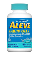 Aleve Liquid Gels bottle with 220 mg naproxen for fast pain relief.