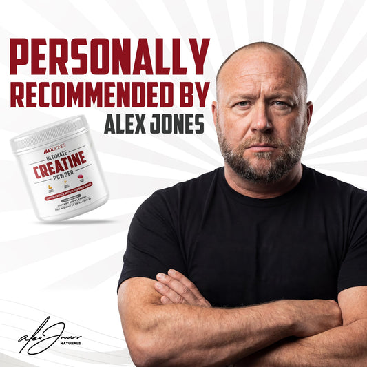 Alex Jones Ultimate Creatine Powder micronized texture ensures smooth mixing.