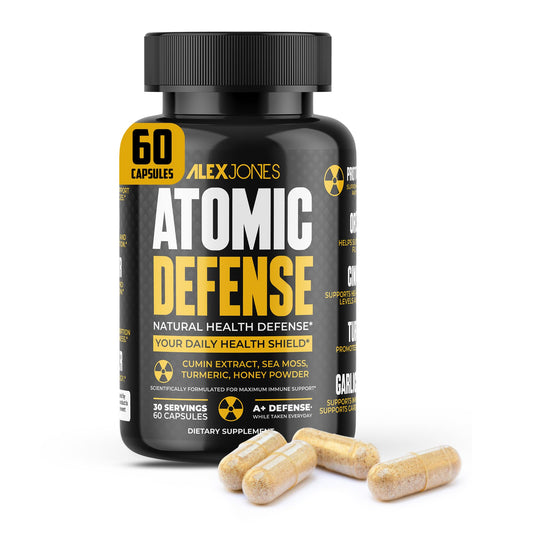 Alex Jones Naturals Atomic Defense bottle label highlighting a natural immune support formula.