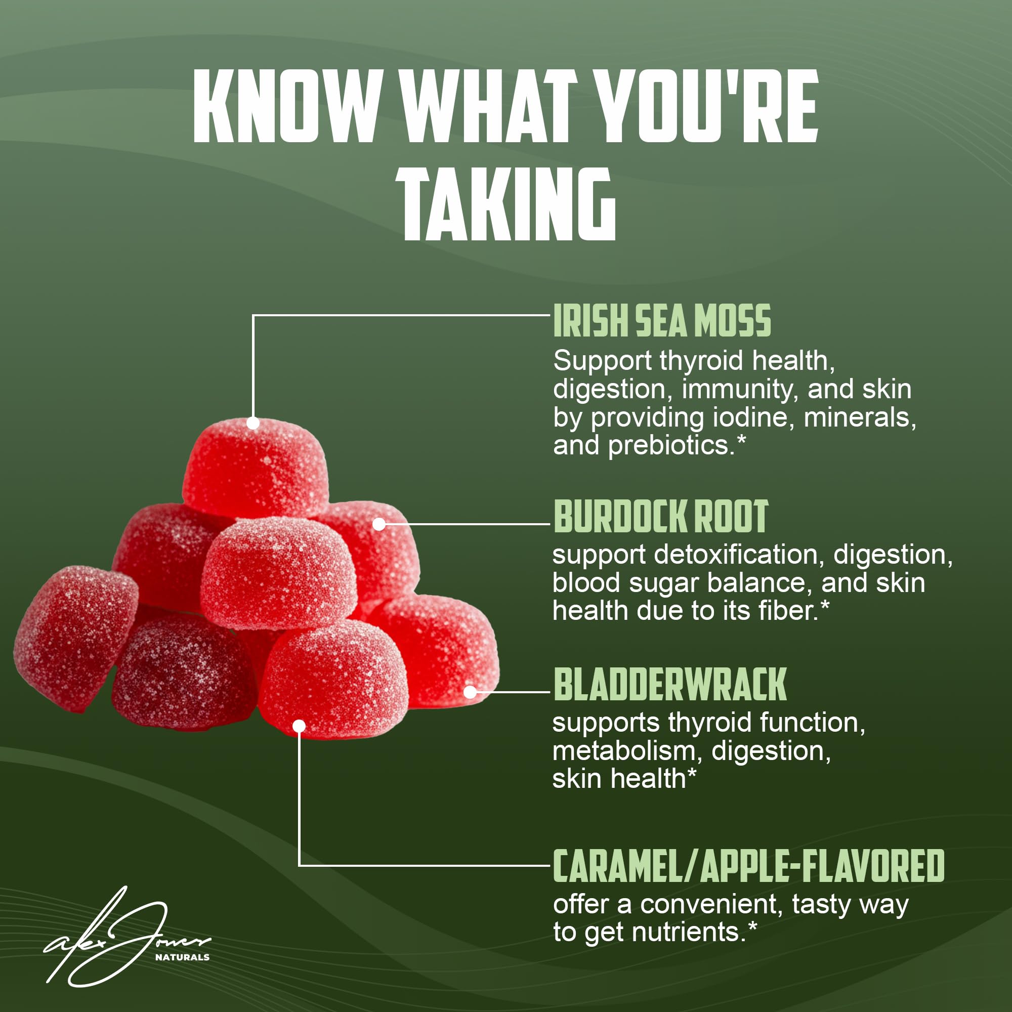 Alex Jones Naturals caramel apple flavor gummy closeup highlights tasty daily wellness option