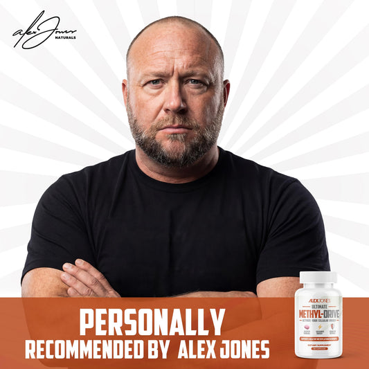 Alex Jones Naturals Methyl Drive capsules close-up highlighting coated tablets