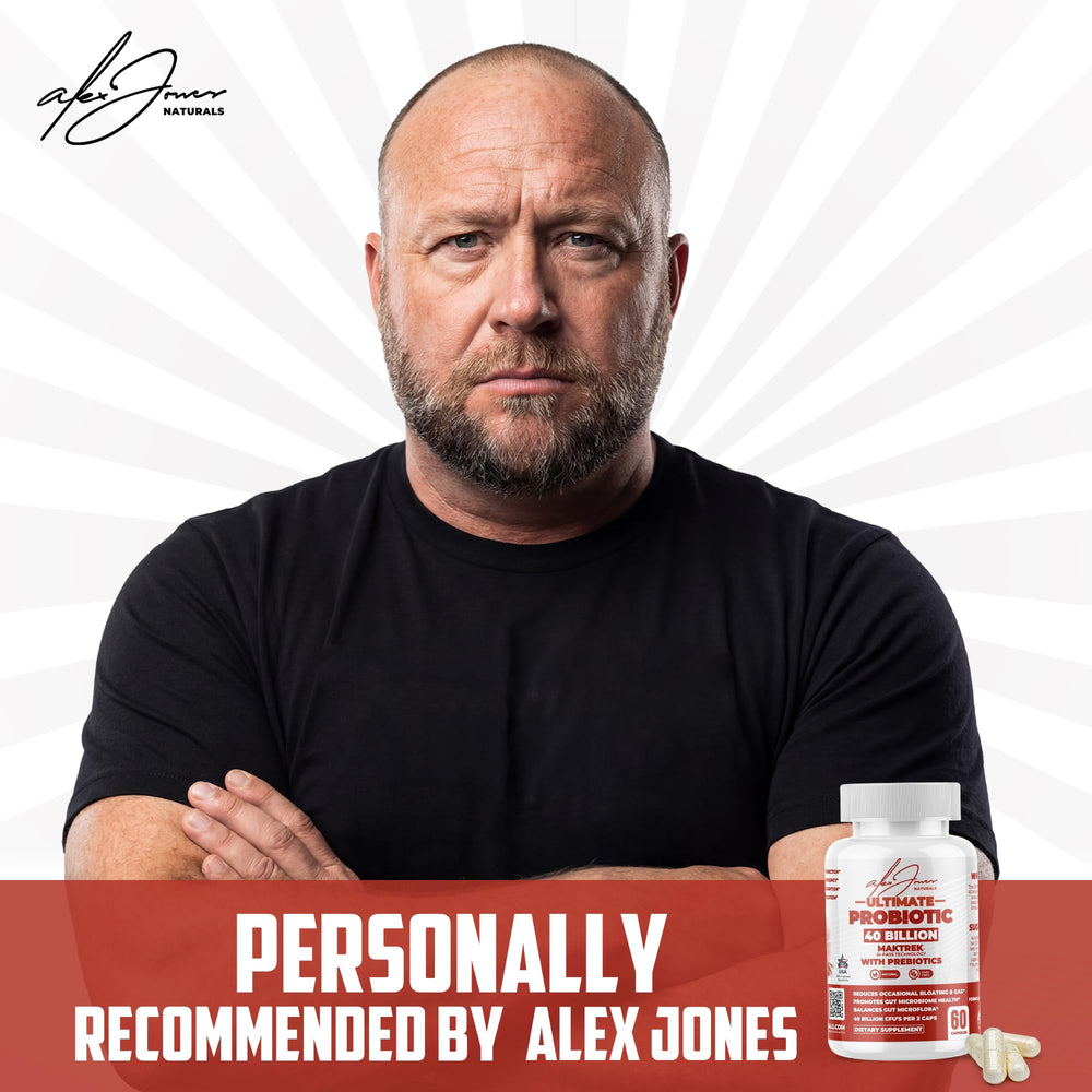 Alex Jones Naturals probiotic capsules closeup supporting gut health and capsule integrity.