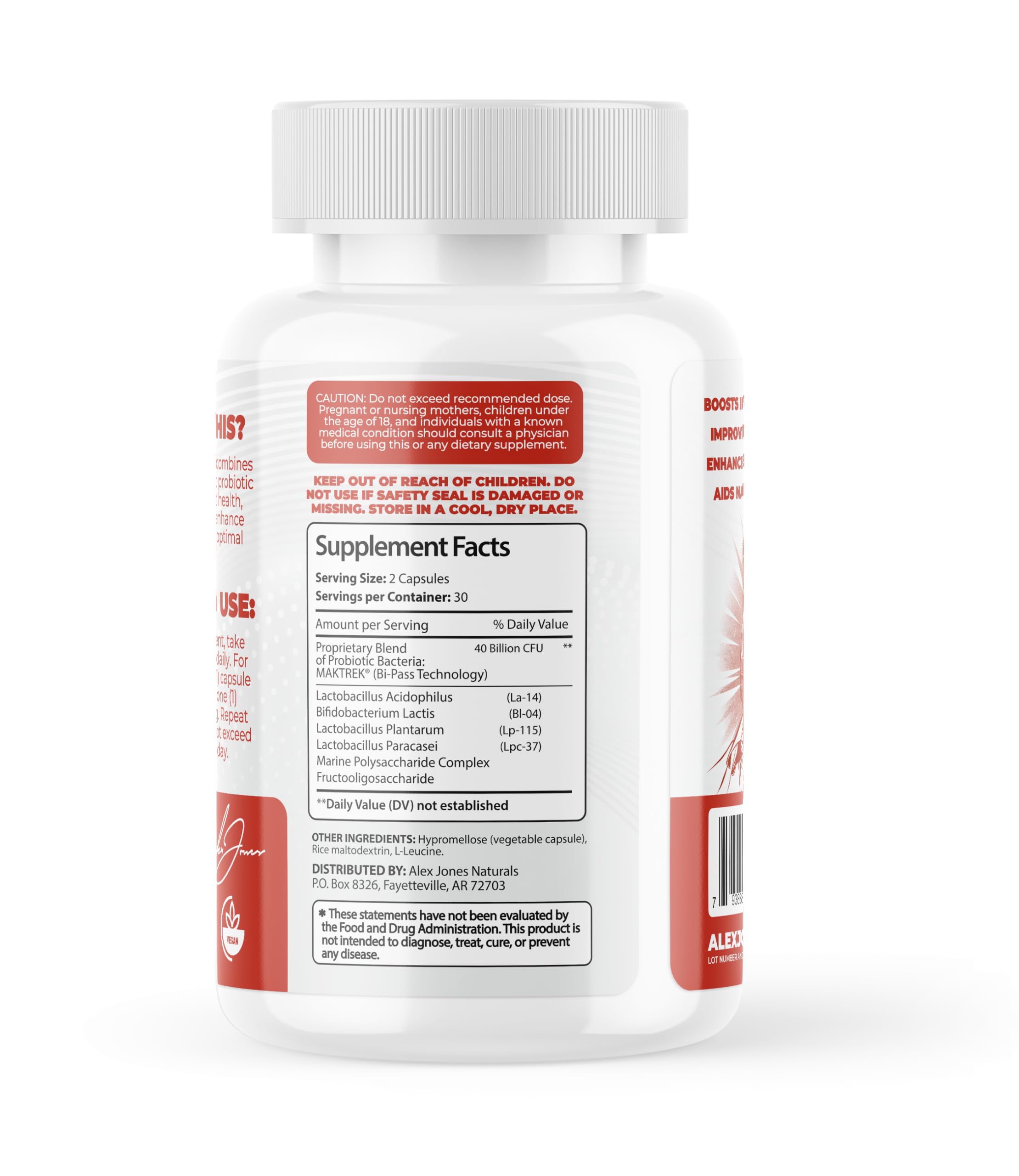 Alex Jones Naturals probiotic bottle displayed for morning-night routine benefits.