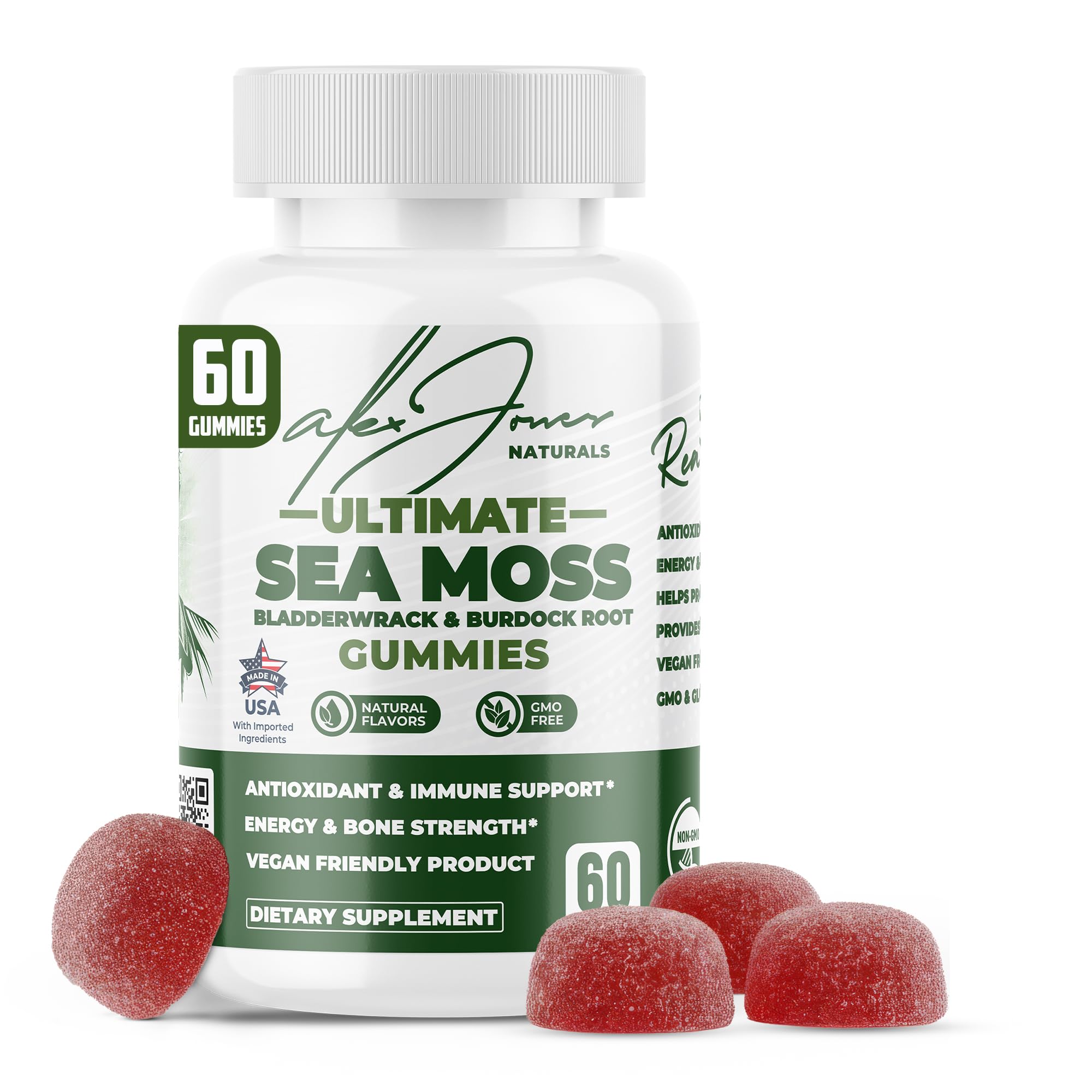 Alex Jones Naturals Ultimate Irish Sea Moss Gummies bottle highlights daily mineral support