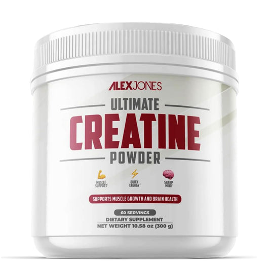 Alex Jones Naturals Ultimate Creatine Powder with a 5g scoop for steady training.