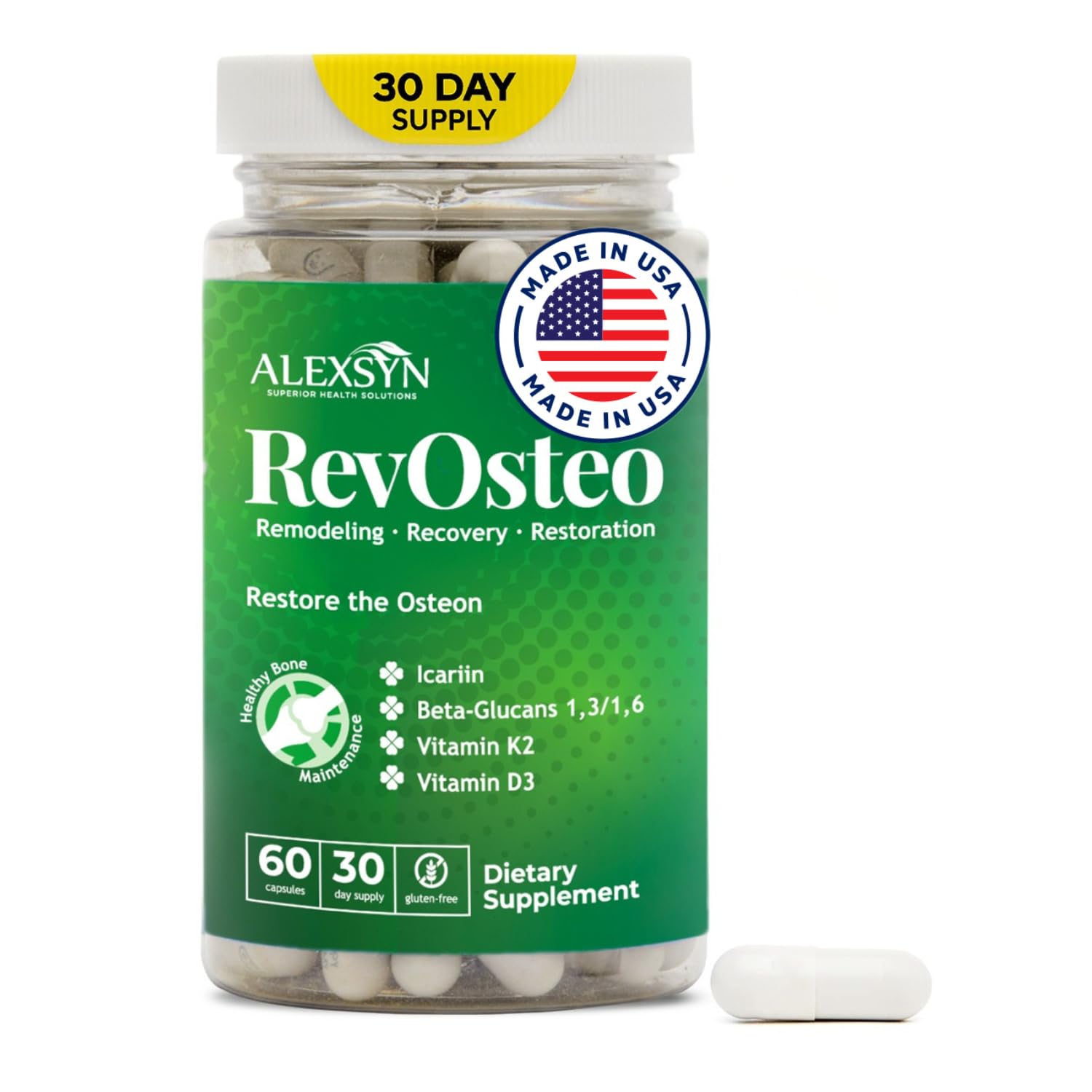 Alexsyn RevOsteo bottle front with capsules suggesting bone support.
