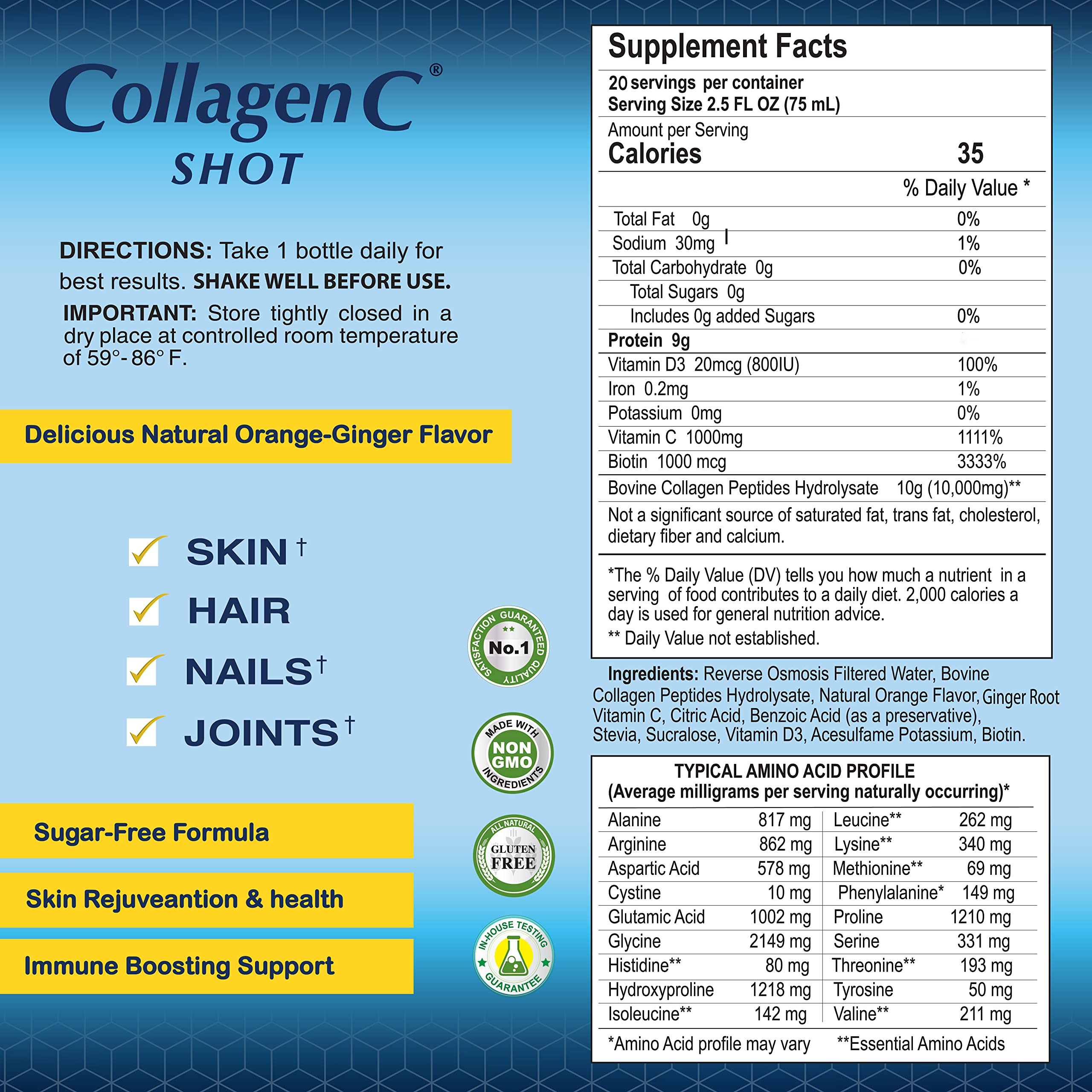 Close-up of CollagenC label highlighting collagen, vitamin C, biotin, and vitamin D.