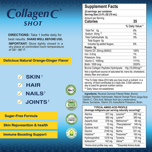 Close-up of CollagenC label highlighting collagen, vitamin C, biotin, and vitamin D.