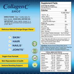 Close-up of CollagenC label highlighting collagen, vitamin C, biotin, and vitamin D.