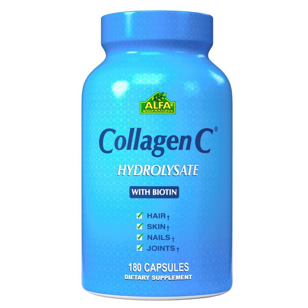 ALFA VITAMINS CollagenC bottle front showing a collagen based supplement for skin and hair support