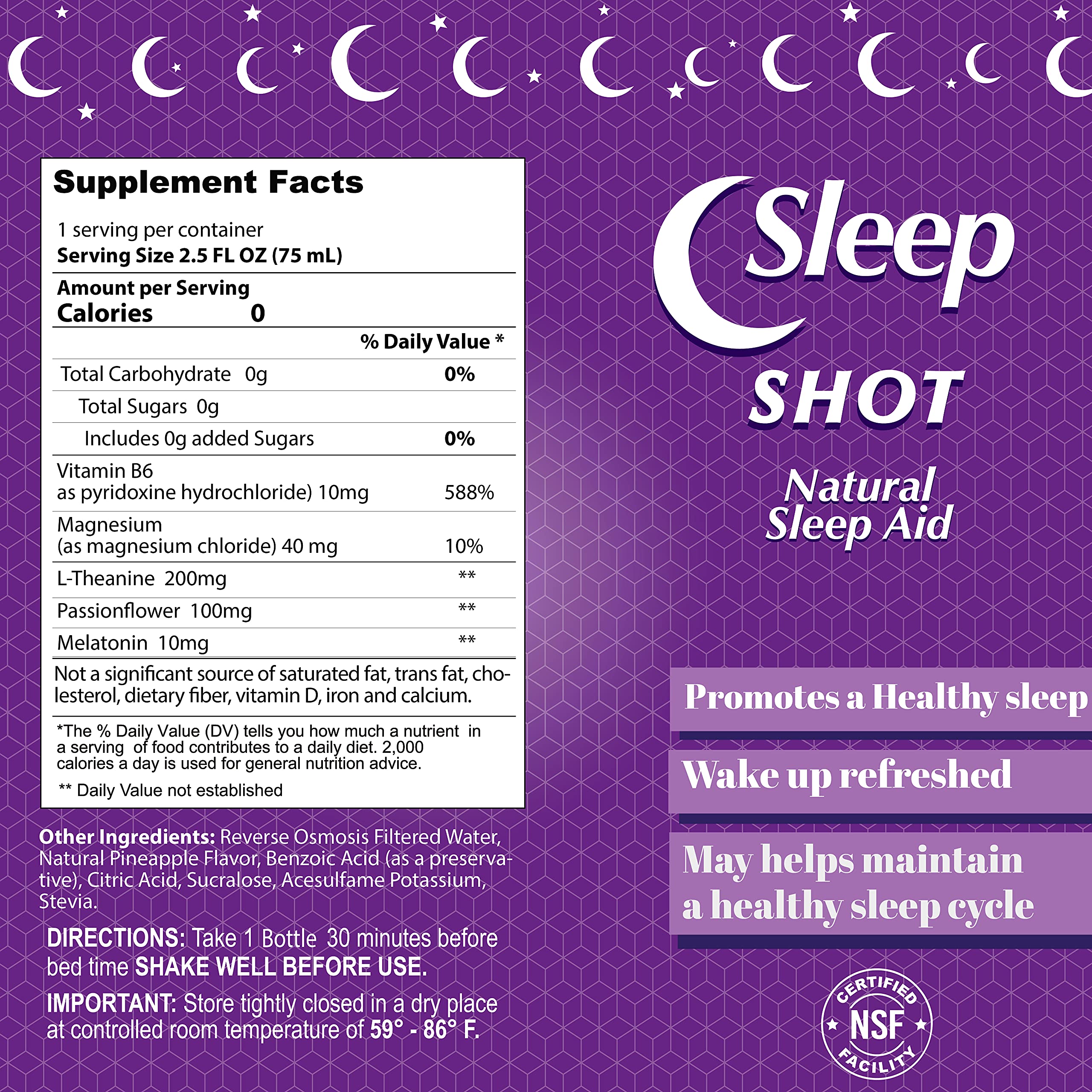Alfa Vitamins Sleep Shot ingredients icons highlight melatonin and passionflower.