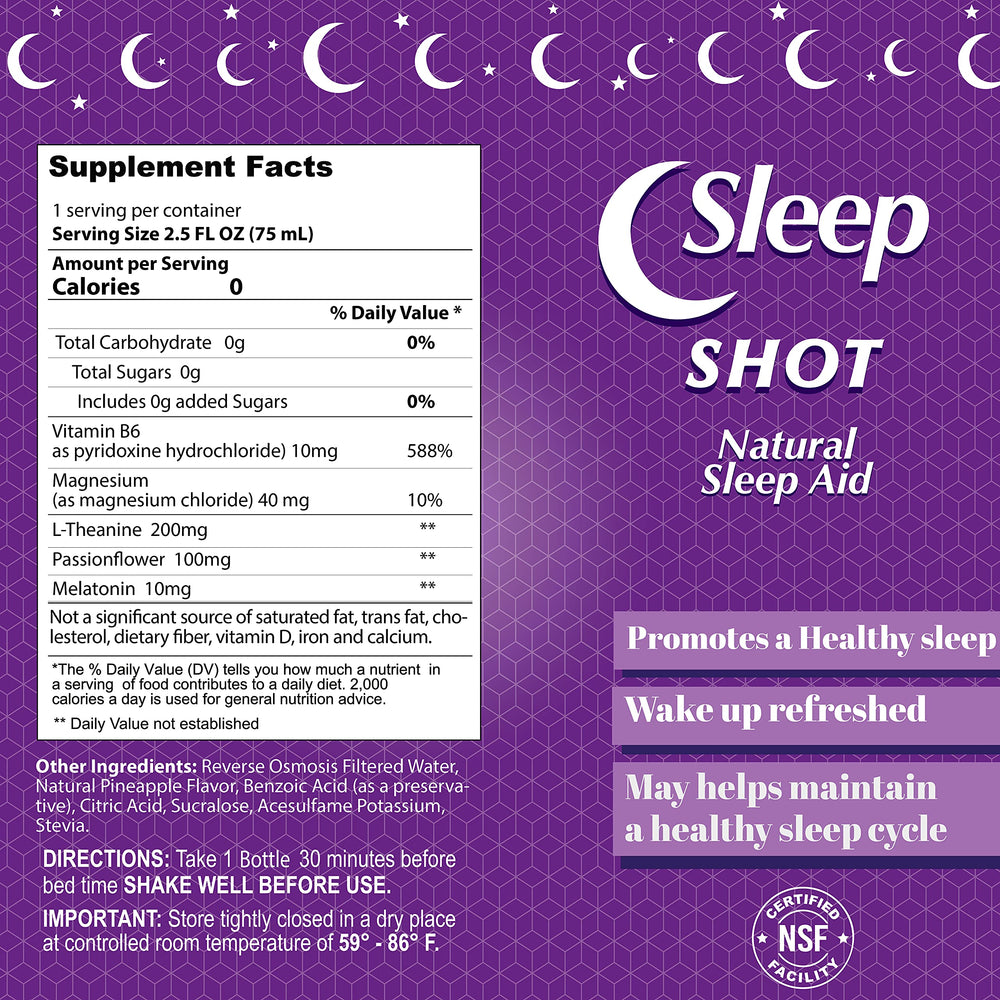 Alfa Vitamins Sleep Shot ingredients icons highlight melatonin and passionflower.