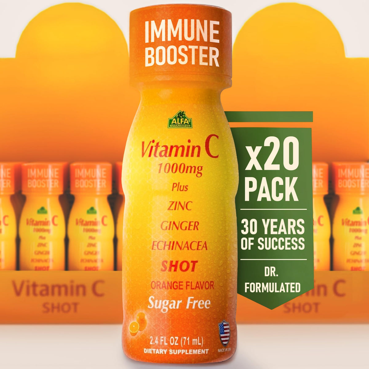 ALFA VITAMINS Vitamin C Shot bottle front highlighting orange flavor for daily wellness.