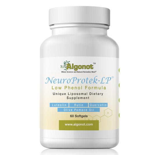 Algonot NeuroProtek Low Phenol bottle shows natural antioxidant blend for daily use