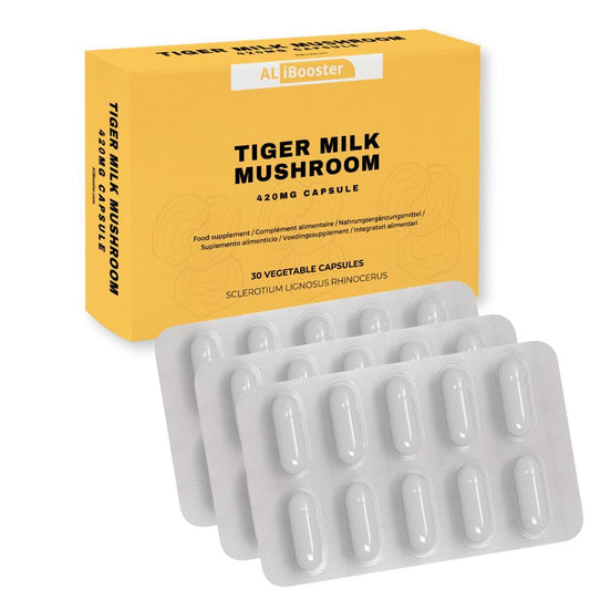 ALIBOOSTER Tiger Milk Mushroom capsules in a 30-count bottle for daily wellness.