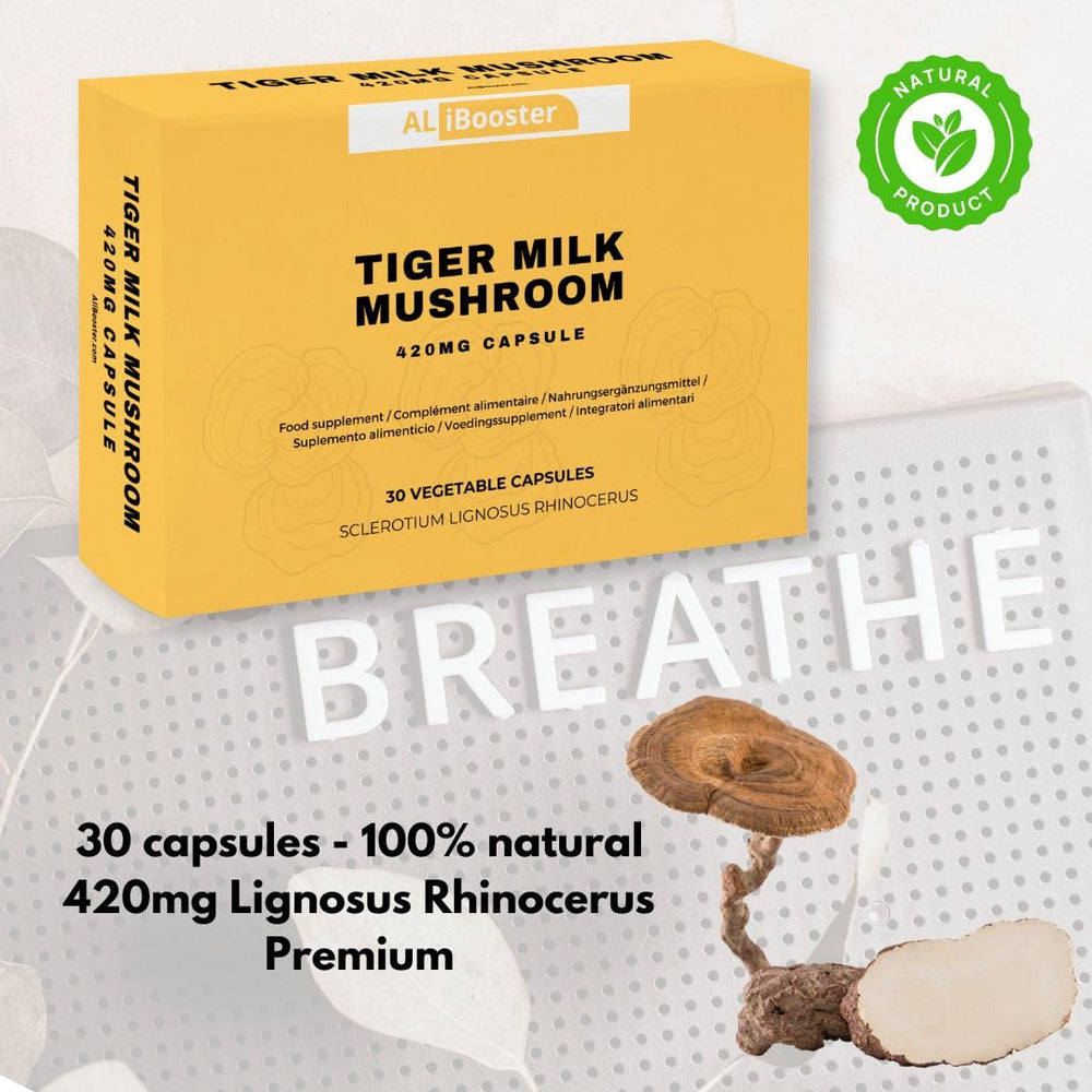 ALIBOOSTER Tiger Milk Mushroom capsules closeup showing standardized extract.
