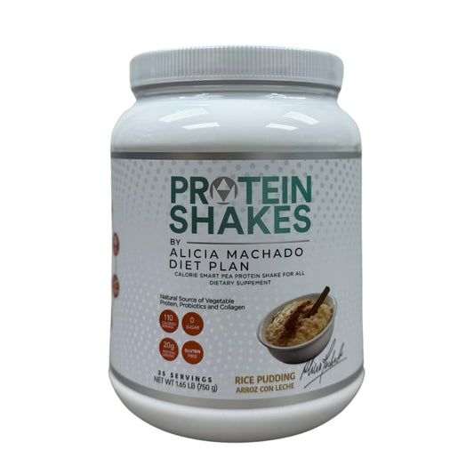 Alicia Machado Diet Plan Rice Pudding Shake packaging highlights vegan protein for convenient meal replacement