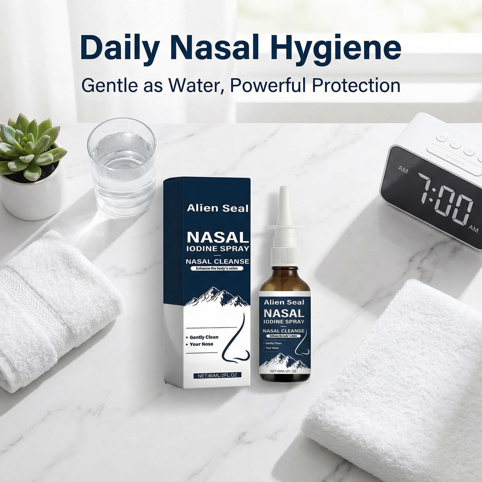 Alien Seal nasal spray in use showing gentle application.