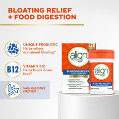 Align Bloating Relief bottle label highlights Bifidobacterium 35624 and enzyme blend
