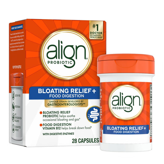 Align Bloating Relief bottle pour shows easy daily dosing for digestive support