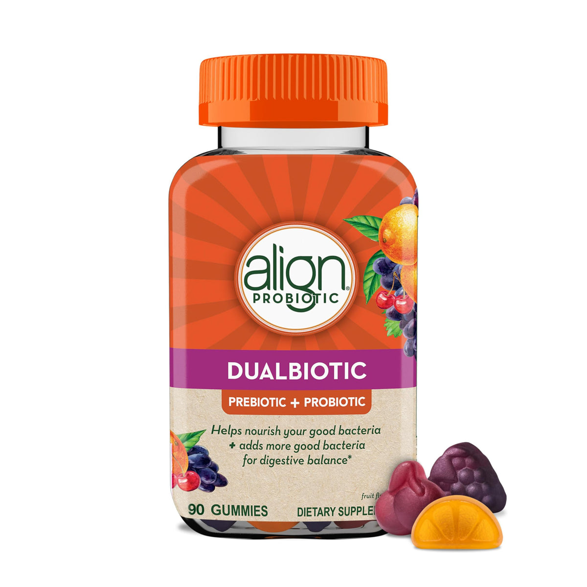Align DualBiotic Gummies packaging showing probiotic support for daily digestion.