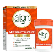 Align Probiotic bottle front promotes daily digestive balance and ease.