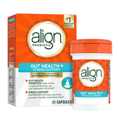 Align Probiotic Digestive De-Stress bottle-front showing brand and probiotic strain for gut balance.