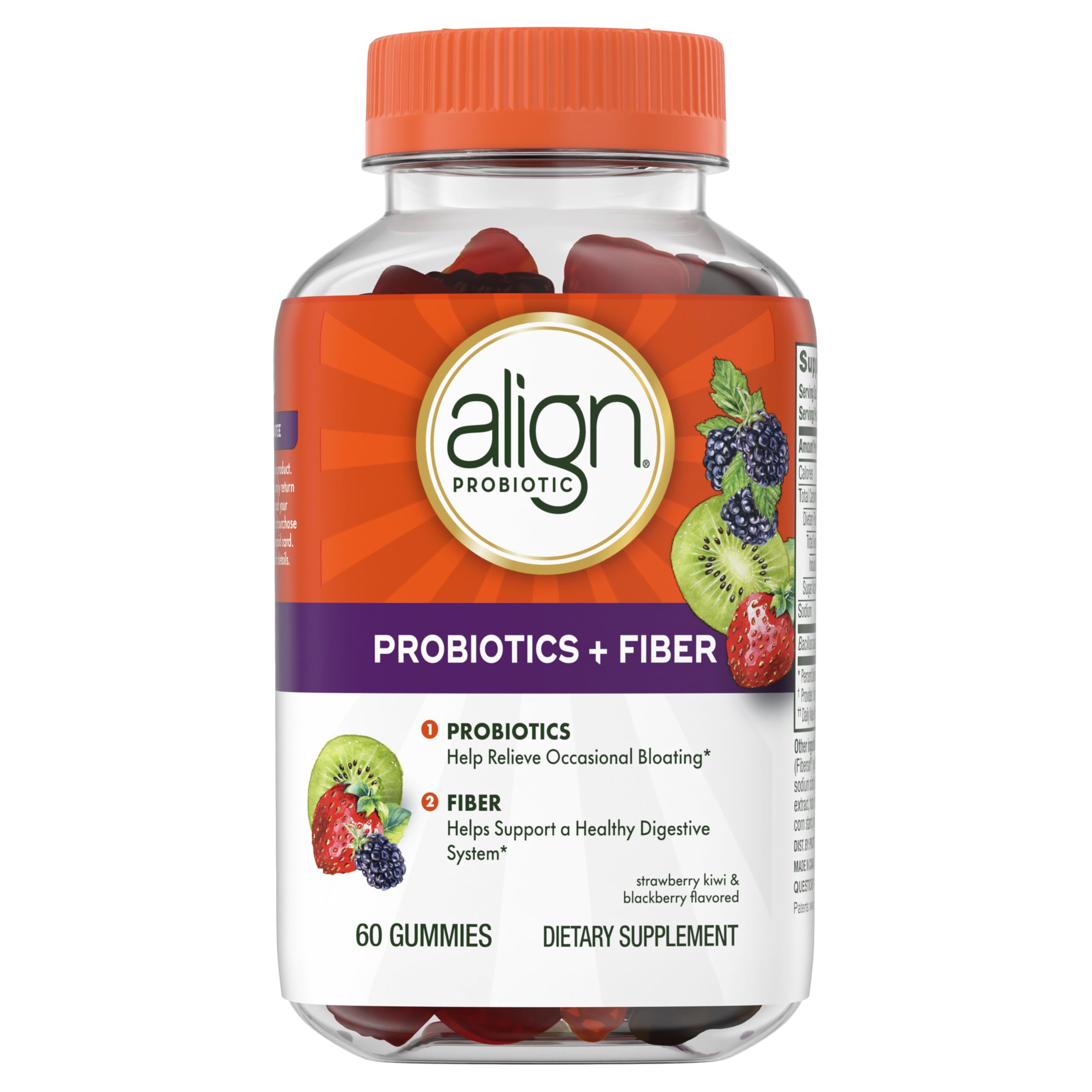 Align Probiotic + Fiber Gummies bottle and packaging for easy shopping