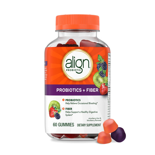 Align Probiotic + Fiber Gummies bottle supports daily digestive health