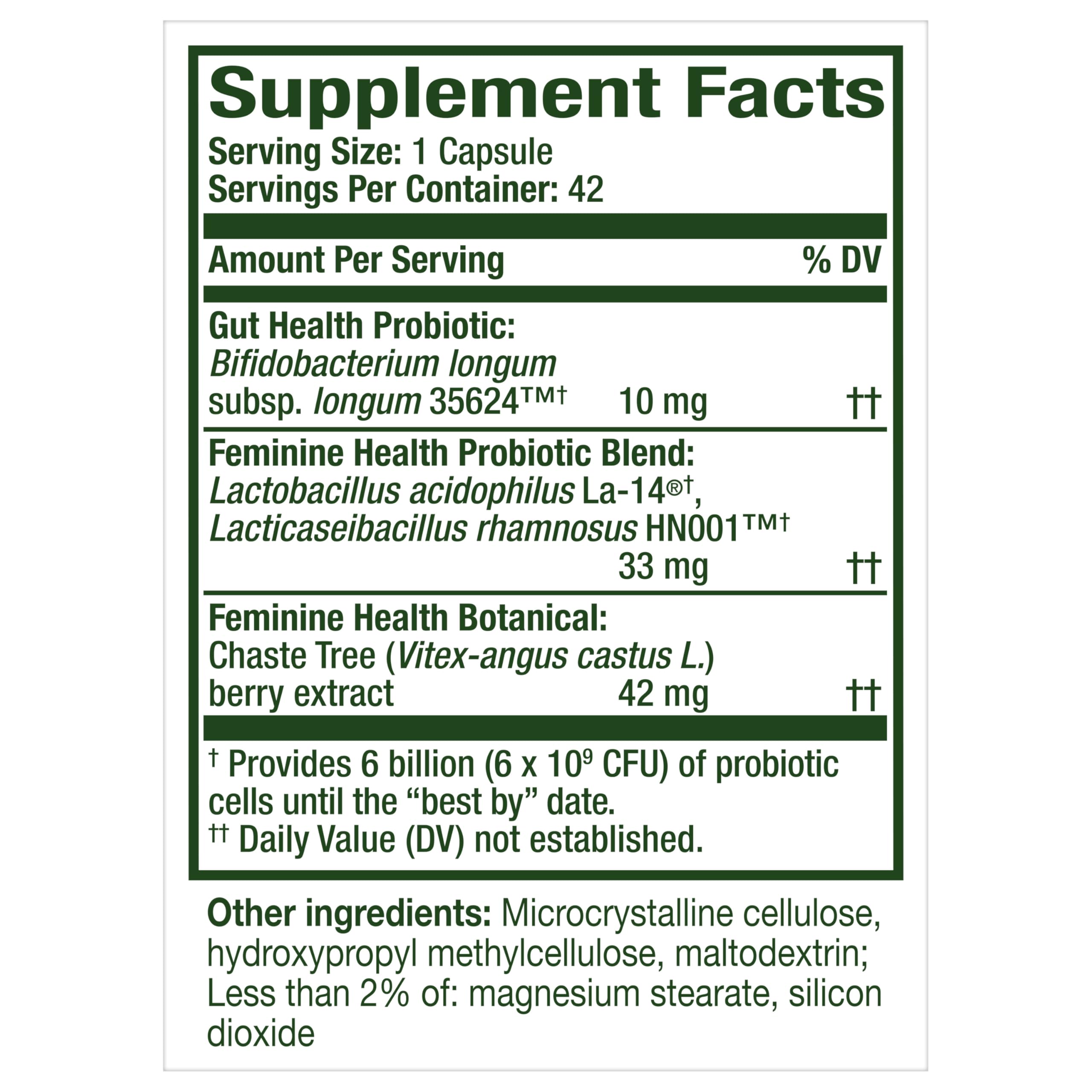 Gluten-free vegetarian formulation on Align Women’s Dual Action packaging.