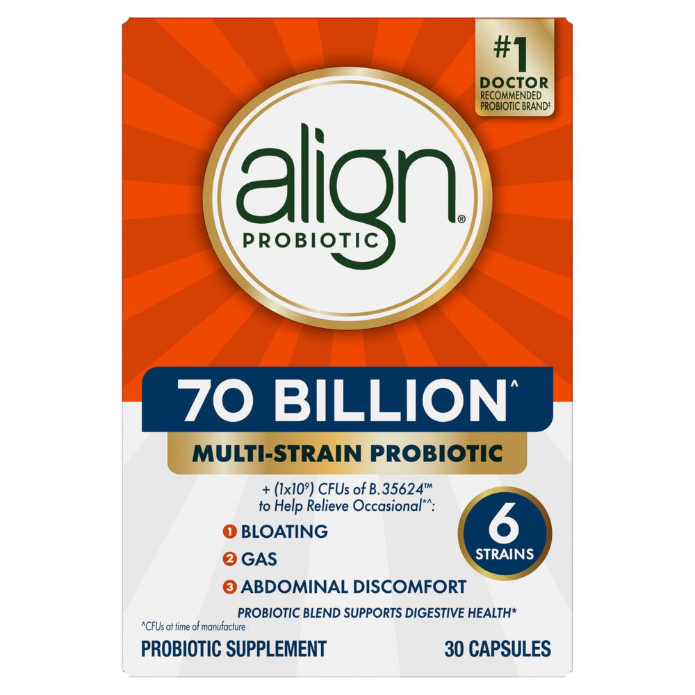 Align Probiotic box shows no refrigeration requirement icon.