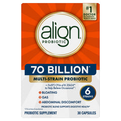 Align Probiotic box shows no refrigeration requirement icon.