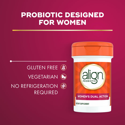 Close-up of Align Probiotic capsules for daily female health use.