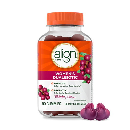Align Probiotic Women’s Dualbiotic Gummies bottle with cranberry flavor for daily gut balance.