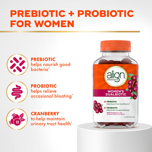Close-up of Align Probiotic Women’s Dualbiotic Gummies showing cranberry flavor for urinary health support.