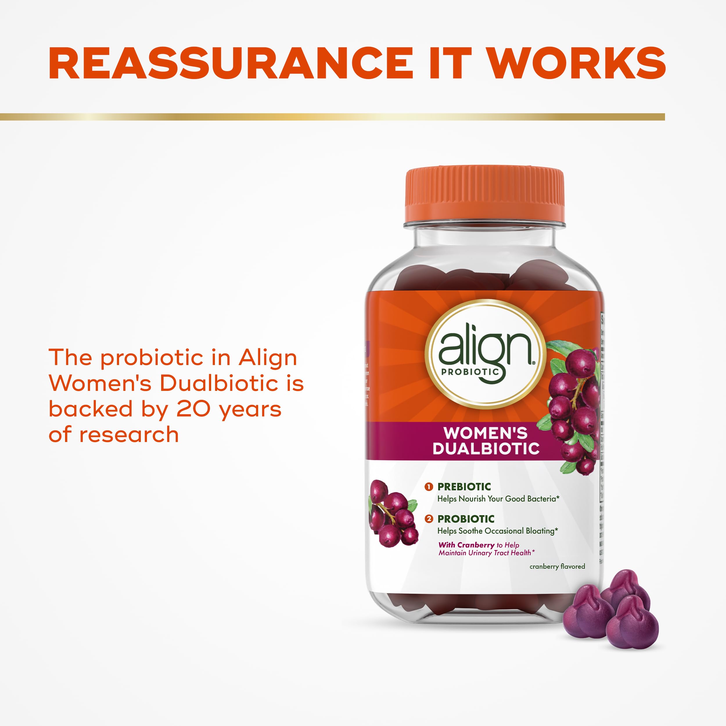 Label of Align Probiotic Women’s Dualbiotic Gummies indicating vegetarian and gluten-free purity.